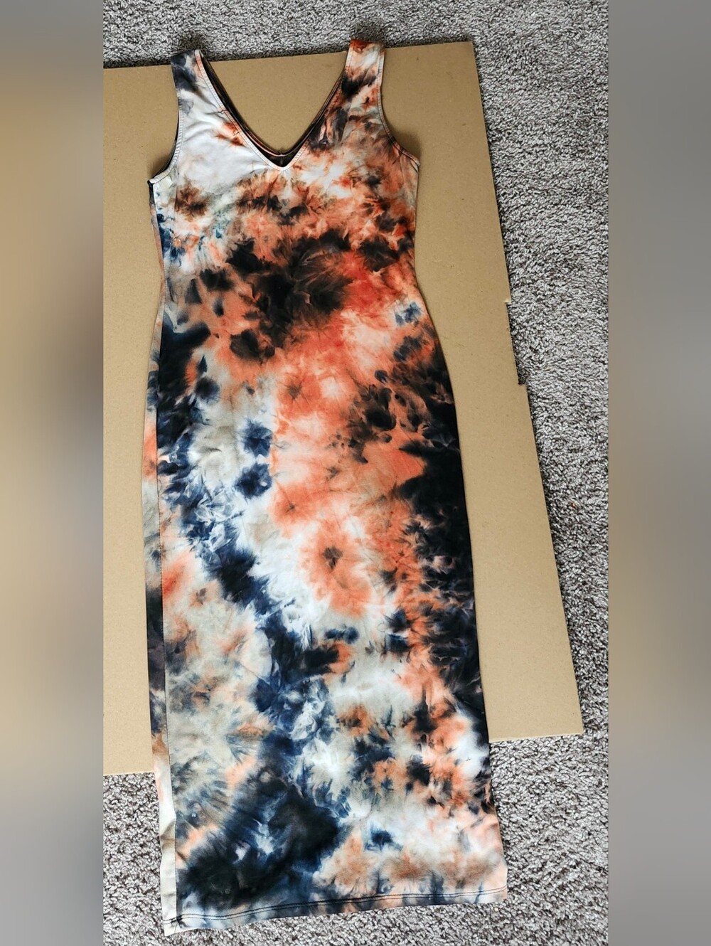 Sleeveless V-Neck Tie-Dye Maxi Dress in Orange & Navy